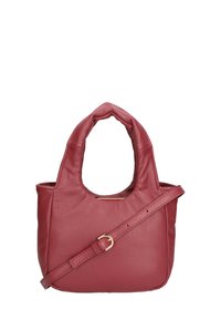 Borsa a mano rossa in pelle con manici arrotondati, tracolla rimovibile e chiusura a zip, caratterizzata da una texture liscia e un design minimalista.