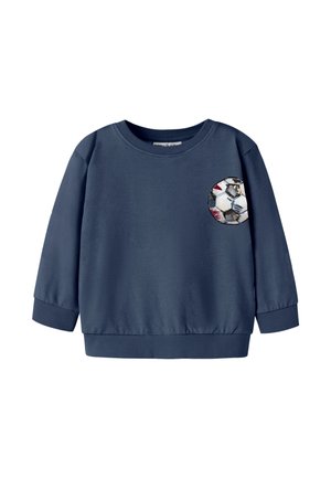 Mørkeblå langærmet sweatshirt med ribkanter ved ærmer og bund, med en lille broderet fodbold på venstre bryst.