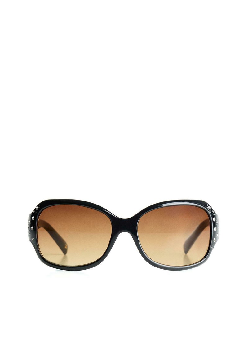 Black oversized sunglasses with gradient brown lenses. Features embellished details on the sides and smooth glossy finish.