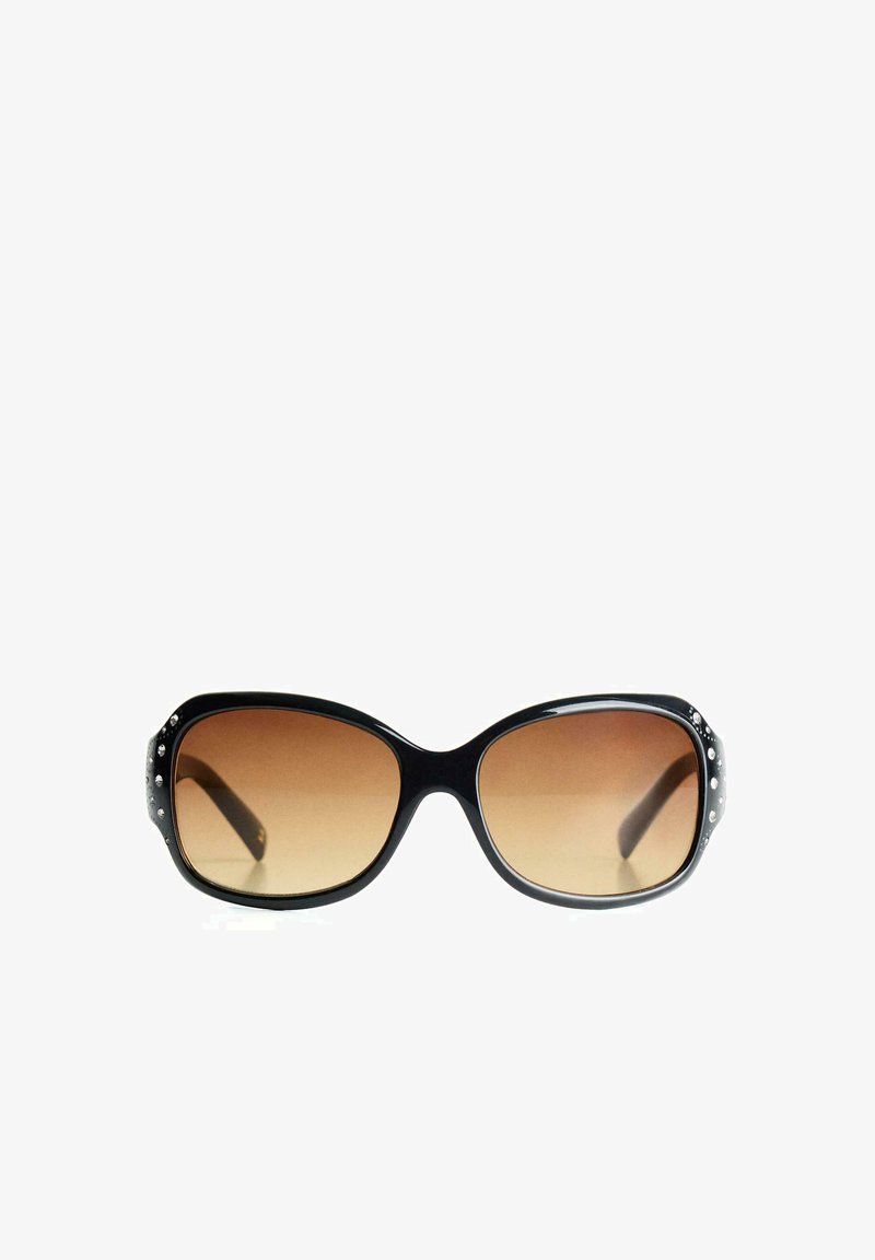 Black oversized sunglasses with gradient brown lenses. Features embellished details on the sides and smooth glossy finish.