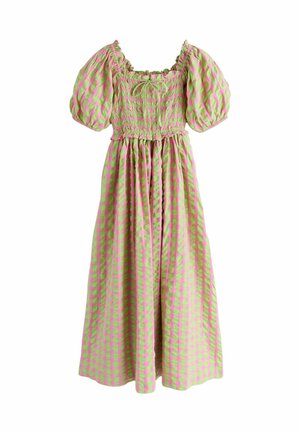 Roheline ja roosa ruuduline midi kleit lühikeste paeladega varrukatega, pitsidega bodi ja ruudukujulise kaeluse paelaga detailiga.