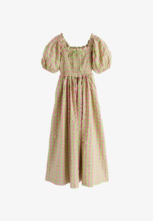 Roheline ja roosa ruuduline midi kleit lühikeste paeladega varrukatega, pitsidega bodi ja ruudukujulise kaeluse paelaga detailiga.