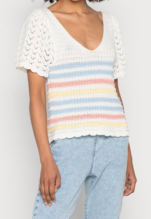 Maglione con scollo a V, maniche a sbuffo e motivo a righe in bianco, blu chiaro, rosa, giallo e orlo smerlato.