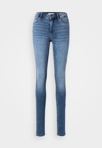 Blå högmidjade slim fit-jeans med framfickor, knapplås och dragkedja, samt blekt tvätt på låren och underbenen.