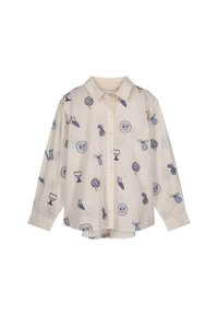 Lichtbeige shirt met lange mouwen, versierd met blauwe illustraties van fruit, drankjes en groenten. Voorzien van een kraag en knoopsluiting.
