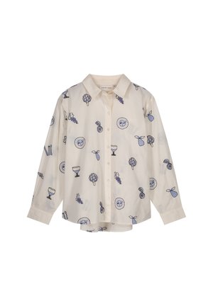 Lichtbeige shirt met lange mouwen, versierd met blauwe illustraties van fruit, drankjes en groenten. Voorzien van een kraag en knoopsluiting.
