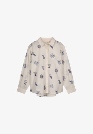 Lichtbeige shirt met lange mouwen, versierd met blauwe illustraties van fruit, drankjes en groenten. Voorzien van een kraag en knoopsluiting.