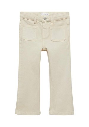 Beige bomullbyxor med rak ben-design, som har två bakfickor och en knäppning i midjan.