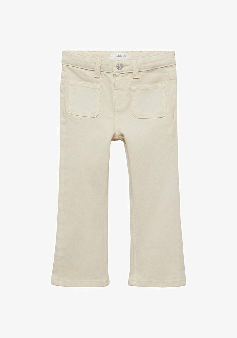 Beige bomullbyxor med rak ben-design, som har två bakfickor och en knäppning i midjan.