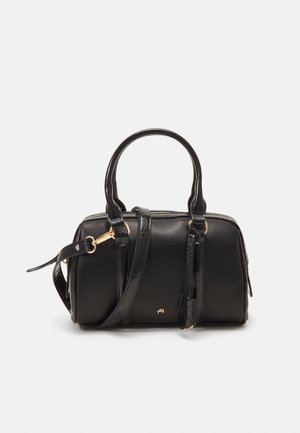 Black handbag made of smooth leather with a structured shape. Features two top handles, a detachable strap, and gold-tone hardware accents.