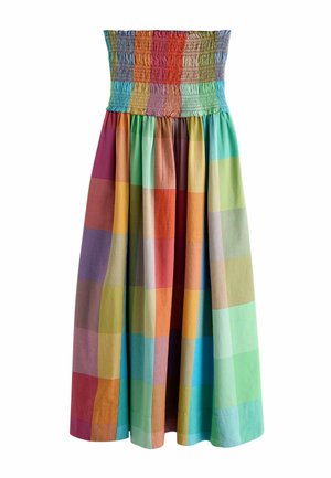 Robe longue à carreaux colorés sans bretelles, avec corsage froncé et jupe plissée présentant un motif vertical multicolore à carreaux.
