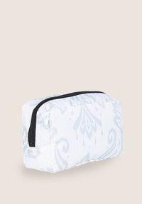 Borsa cosmetica bianca con un sottile motivo grigio, dotata di una cerniera nera e di un tessuto morbido e imbottito per una protezione leggera.