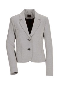 Grauer Hahnentritt-Blazer mit taillierter Passform, Reverskragen und zwei vorderen Knöpfen. Gewebte Textur mit einfarbigem Innenfutter.