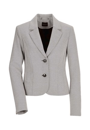 Grijze houndstooth blazer met een getailleerde pasvorm, notch-lapel en twee voorknopen. Geweven textuur met een stevige binnenvoering.