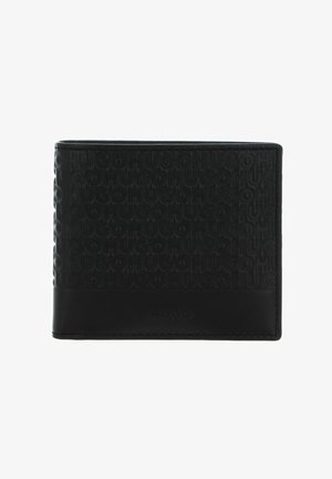 Portefeuille bifold noir avec un design de logo en relief, texture lisse et un panneau contrastant en bas affichant le nom de la marque "HUGO."