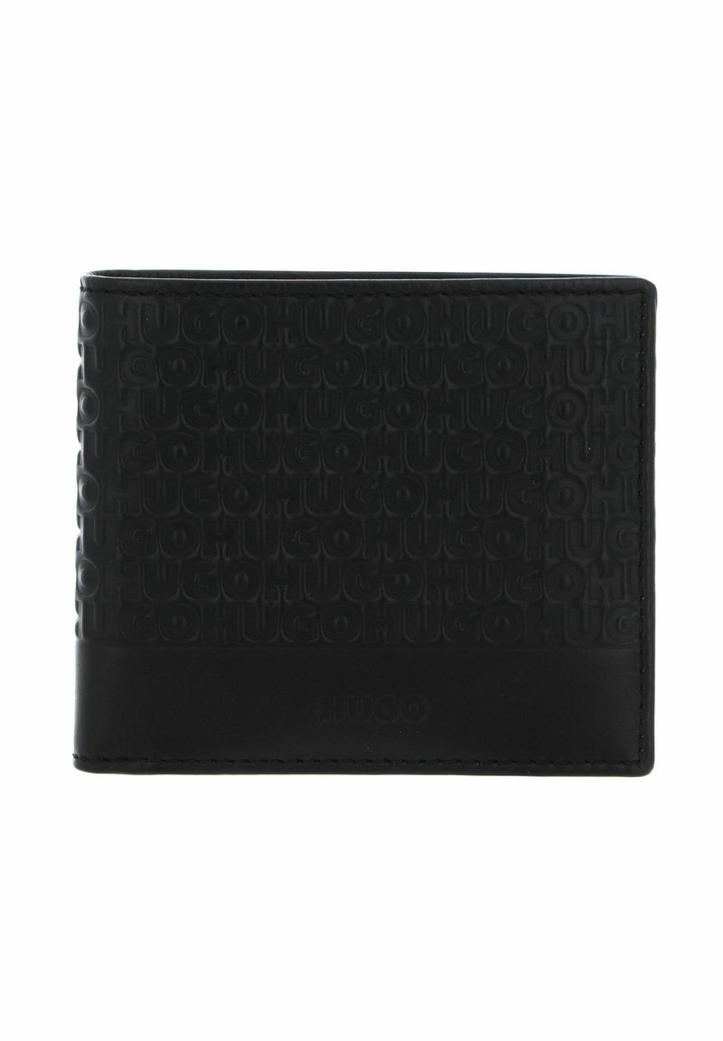 Portefeuille bifold noir avec un design de logo en relief, texture lisse et un panneau contrastant en bas affichant le nom de la marque "HUGO."