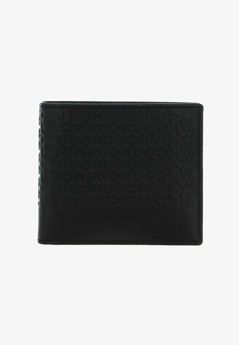 Portefeuille bifold noir avec un design de logo en relief, texture lisse et un panneau contrastant en bas affichant le nom de la marque "HUGO."