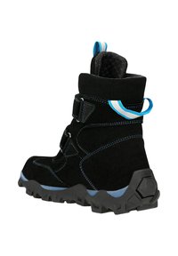 Stivale da trekking in suede nero con accenti blu, suola robusta e cinturini regolabili. Presenta un collare imbottito e un tallone rinforzato.