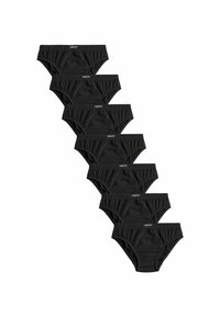 Schwarze Baumwollslips in einer versetzten Anordnung. Sie haben einen elastischen Bund und ein einfaches Design, wobei das Markenlabel auf jedem Slip sichtbar ist.