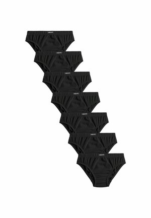 Slip in cotone nero disposti in una formazione sfalsata. Presentano un elastico in vita e un design semplice, con l'etichetta del marchio visibile su ciascuno.