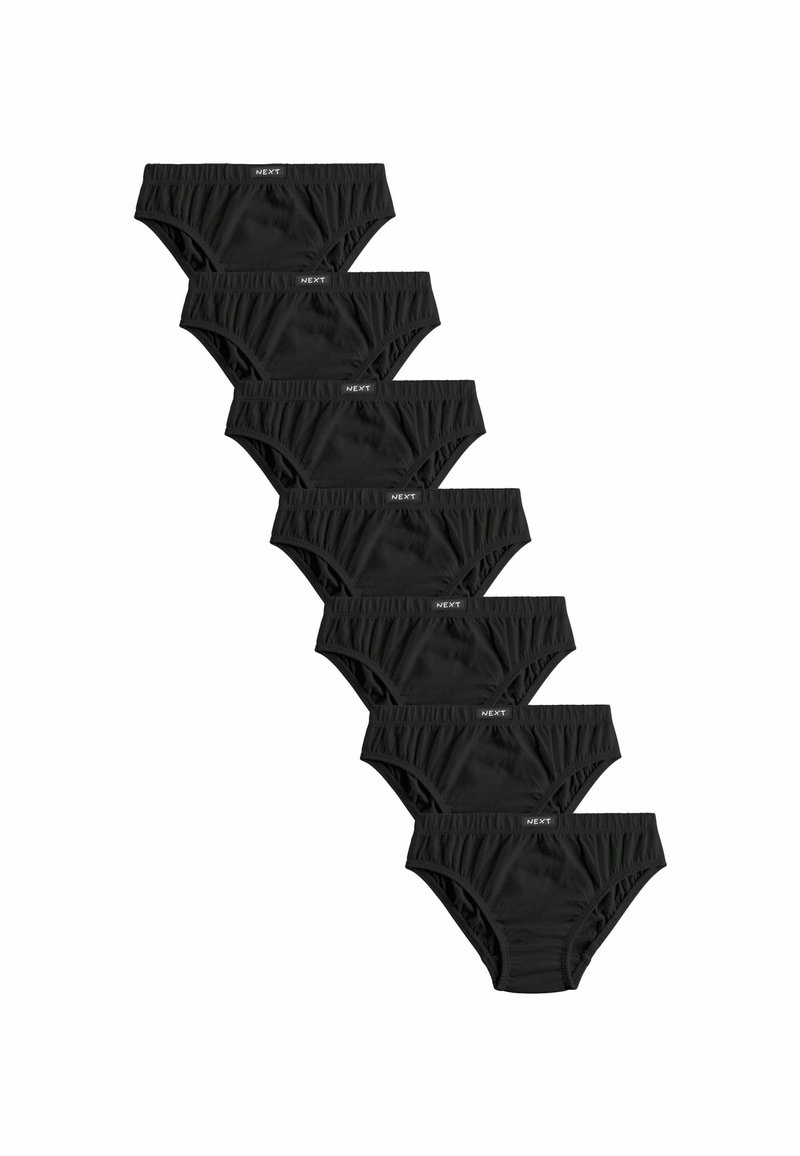 Schwarze Baumwollslips in einer versetzten Anordnung. Sie haben einen elastischen Bund und ein einfaches Design, wobei das Markenlabel auf jedem Slip sichtbar ist.
