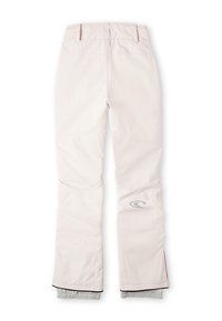 Pantalon de neige beige clair avec poignets élastiques, passants pour ceinture, et un petit logo sur la cuisse droite, conçu pour les activités hivernales en plein air.