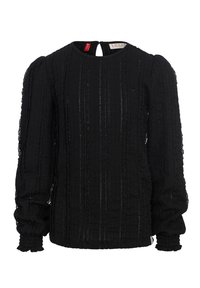 Zwarte textuur blouse met lange puffmouwen, verticale strepen en een keyhole-detail aan de achterkant. Heeft elastische manchetjes en subtiele decoratieve accenten.