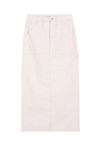 Beige farmer midi szoknya elöl gombos záródással, két oldalsó zsebbel és övhurkokkal. Simább textúrával és egyenes szabással.
