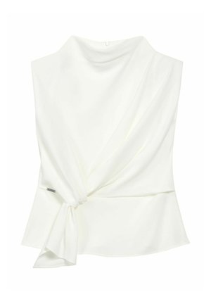 Biała bezrękawnik wykonana z gładkiej tkaniny, z dekoltem w drapowaniu, węzłem po boku oraz peplum na dole. Zawiera subtelny akcent w postaci metalowego detalu.