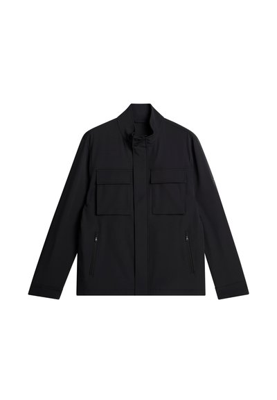 Black jacket with a stand collar, front flap pockets, and side zip pockets. Made from smooth, durable fabric with a modern design.