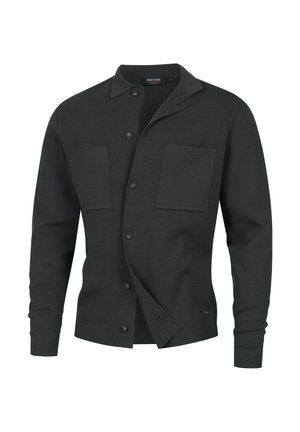 Mörkgrå knapp-up cardigan med krage, två bröstfickor, långa ärmar och avslappnad passform. Tillverkad av mjukt tyg med en slät textur.