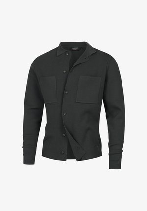 Cardigan button-up grigio scuro con colletto, due tasche sul petto, maniche lunghe e vestibilità rilassata. Realizzato in un tessuto morbido con una superficie liscia.