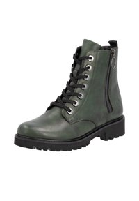 Botte à cheville en cuir vert avec lacets noirs, fermeture éclair latérale, pointe arrondie et semelle texturée. Caractéristiques en métal argenté et finition mate.