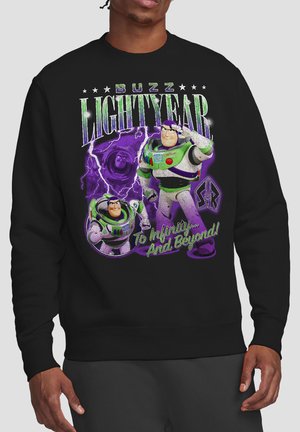 Black sweatshirt with colorful Buzz Lightyear graphics, text "To Infinity and Beyond!", and purple lightning effects.