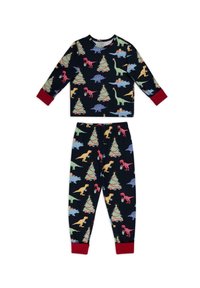 Bomullspajamas set med dinosaur-tema som innehåller långärmad topp och byxor med färgglada mönster på en marinblå bakgrund och röda mudd.