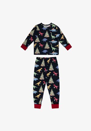 Katoenen pyjama set met dinosaurusthema, bestaande uit een lange mouwen top en een broek met kleurrijke patronen op een marineblauwe achtergrond en rode boorden.