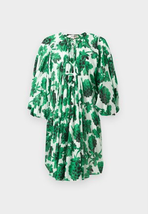 Green floral dress with puff sleeves, featuring a gathered neckline and textured fabric, patterned with dark and light green leaves on a white background.