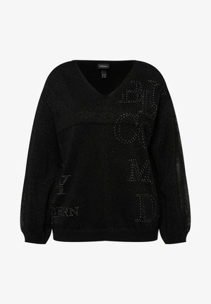 Černý svetr s výstřihem do V, dlouhými rukávy a třpytivou texturou. Na přední straně má nápis z kamínků a volný střih.