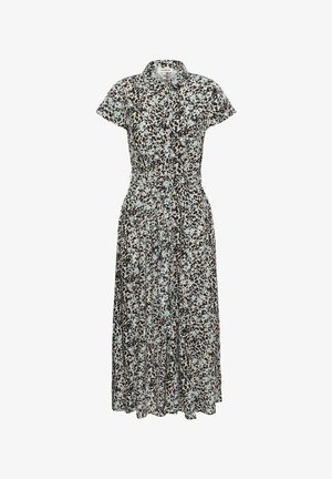 Midi šaty s krátkými rukávy a zapínáním na knoflíky vpředu, s páskem, zdobené abstraktním květinovým vzorem v černé, bílé a světlomodré barvě.