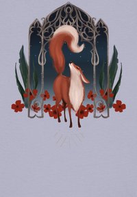 Illustratie van een rode vos met een witte snuit, gepositioneerd voor een gotische boog, omringd door groene bladeren en rode bloemen.