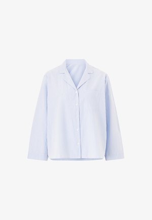 Chemise boutonnée bleu clair et blanche à rayures, avec un col, des manches longues et une poche poitrine. Fabriquée en tissu doux et léger.