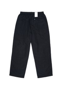 Pantaloni neri a gamba larga con elastico in vita, tasche anteriori e posteriori, texture liscia e senza motivi visibili. Etichetta attaccata sulla vita.