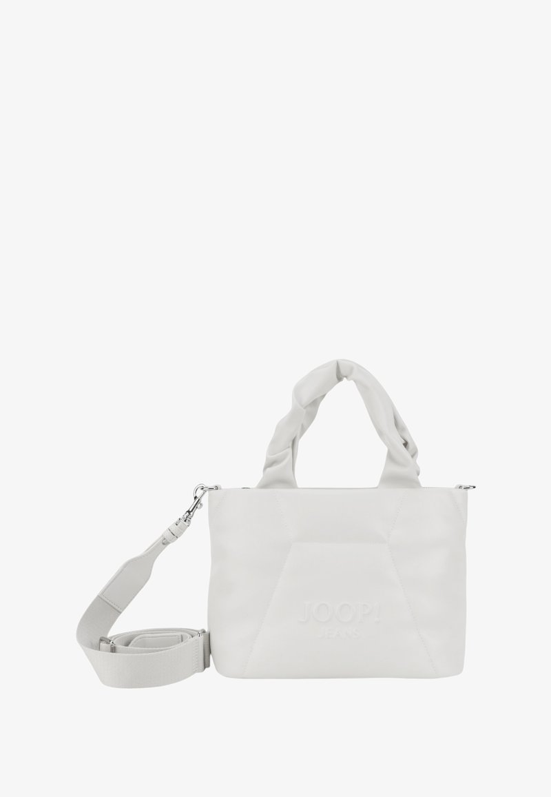 Borsa tote bianca con una superficie morbida e strutturata, caratterizzata da un design geometrico e da una maniglia annodata. Include una tracolla rimovibile.