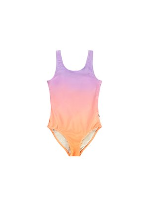 Μαγιό με σχέδιο γκράντ, που μεταβαίνει από μωβ σε πορτοκαλί. Κατασκευασμένο από ελαστικό ύφασμα, με φαρδιές τιράντες και ψηλή κοπή στα πόδια.