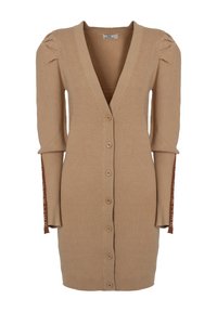 Beige lange cardigan met een diepe V-hals, geribbelde textuur, knoopsluiting aan de voorkant en pofmouwen. Bevat accentbranding op de zijmanchetten.
