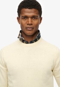 Cremiger Pullover mit strukturiertem Strick, der einen runden Ausschnitt hat. Darunter liegt ein blauer Karoschulterkragen, der mit sichtbaren Knopfakzenten versehen ist.