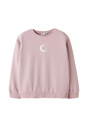 Felpa rosa chiaro in morbido misto cotone. Presenta un collo rotondo e maniche lunghe con una grafica bianca di luna e stelle sul davanti.