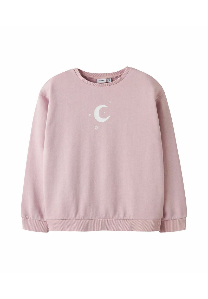 Sweatshirt rose clair en mélange de coton doux. Doté d'un col rond et de manches longues avec un graphique de lune et d'étoiles blanches sur le devant.