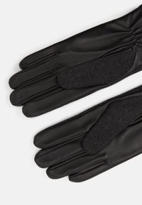 Black leather gloves with a smooth texture, featuring a gray wool accent on the palm and a gathered wrist for a fitted design.