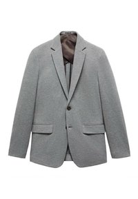 Blazer grigio a una sola fila di bottoni con tessuto testurizzato, rever a lancia, due tasche frontali e una fodera marrone visibile all'interno.